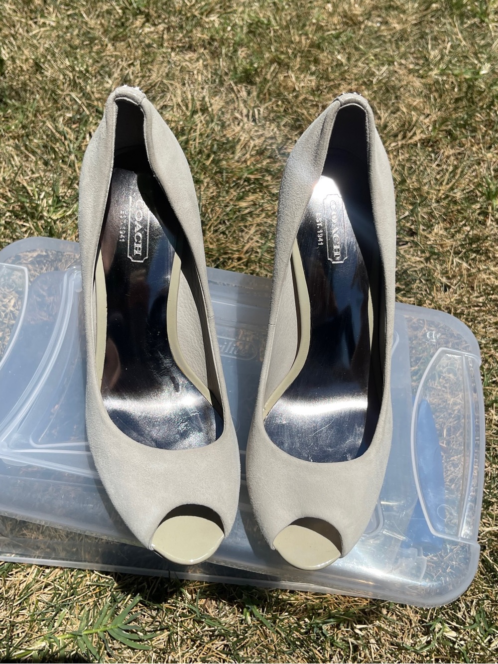 Coach Women's Light Gray Suede Peep Toe Heels